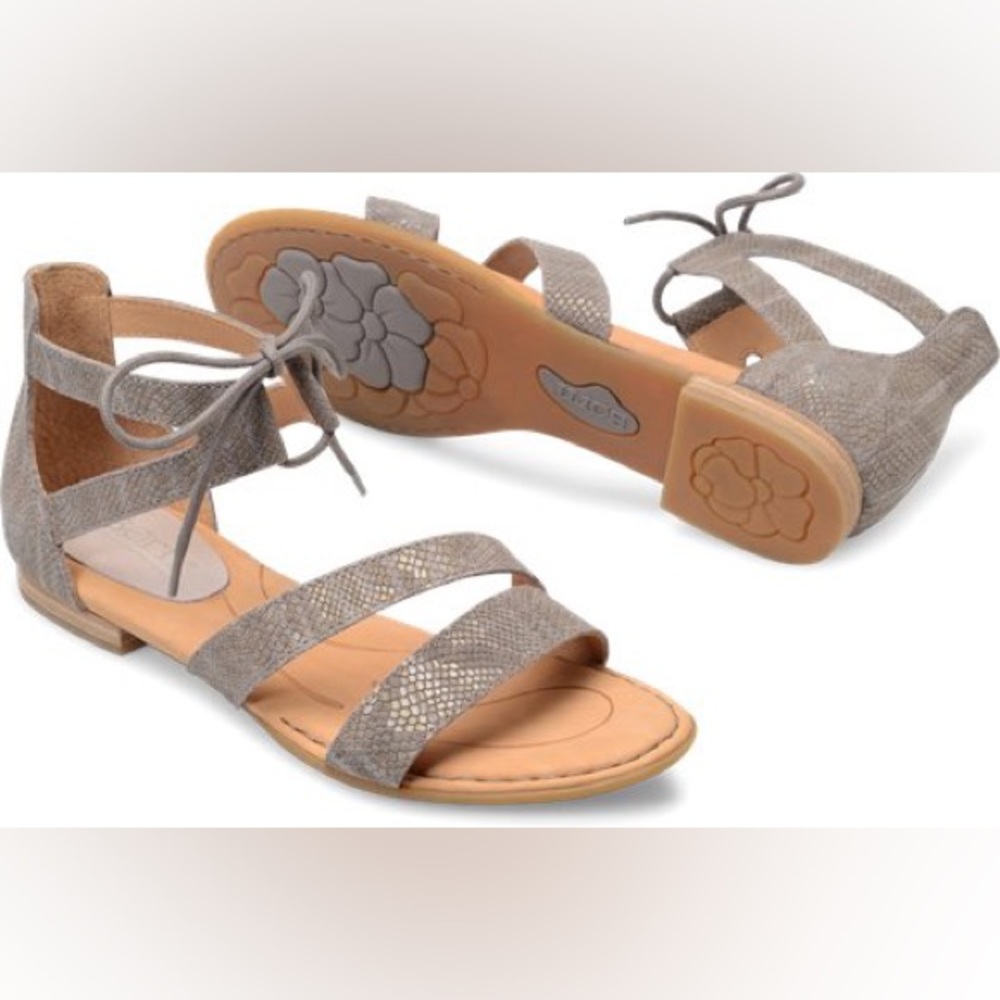 Born Casma Ankle Tank Leather Sandals Gray Reptile Print Lace Up Women’s Size 7